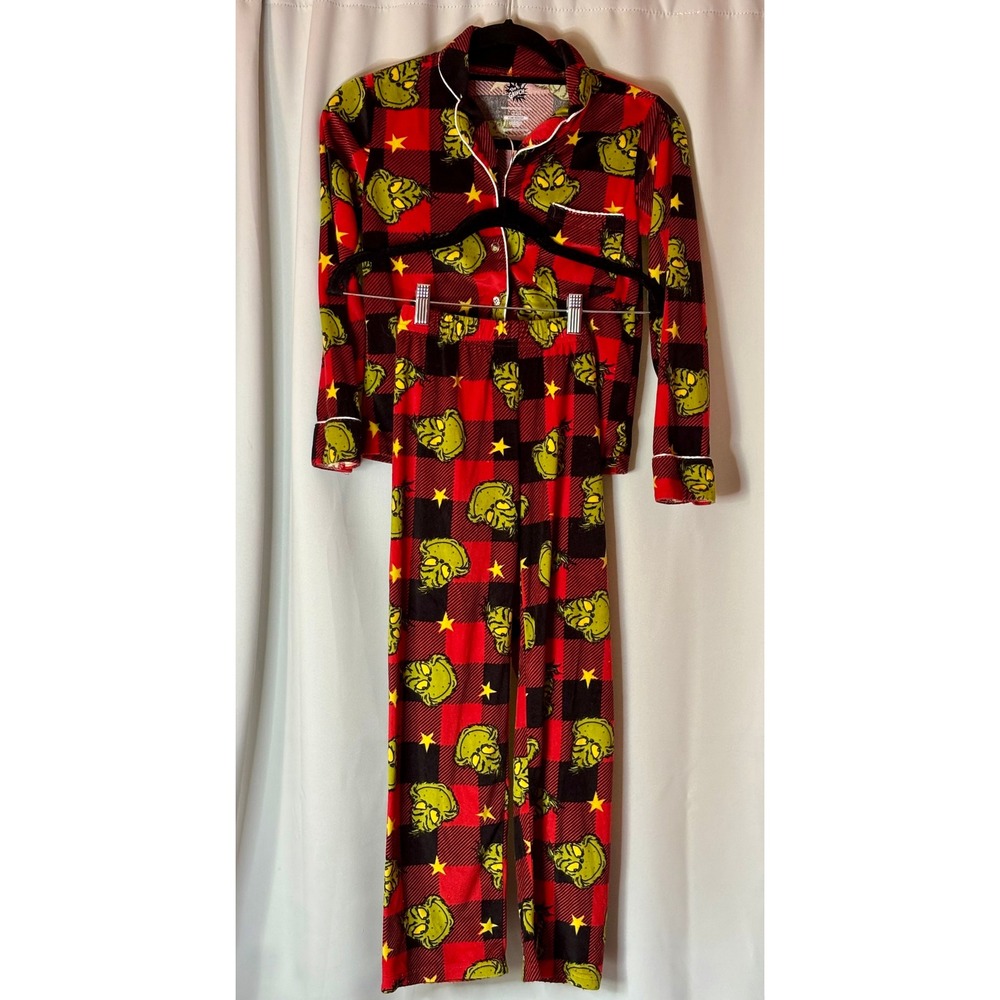The Grinch Dr. Seuss Kids Pajamas Red Black Buffalo Plaid Fleece Size M 8 Soft